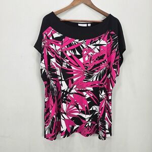 Susan Graver Liquid Knit Top Blouse 2X Pink Black Tropical Boat Neck Office